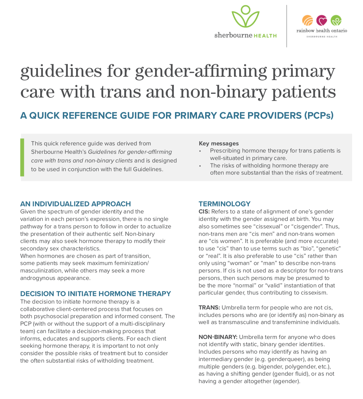Front cover of the Quick Reference Guide on Protocols for Hormone Therapy for Trans patients